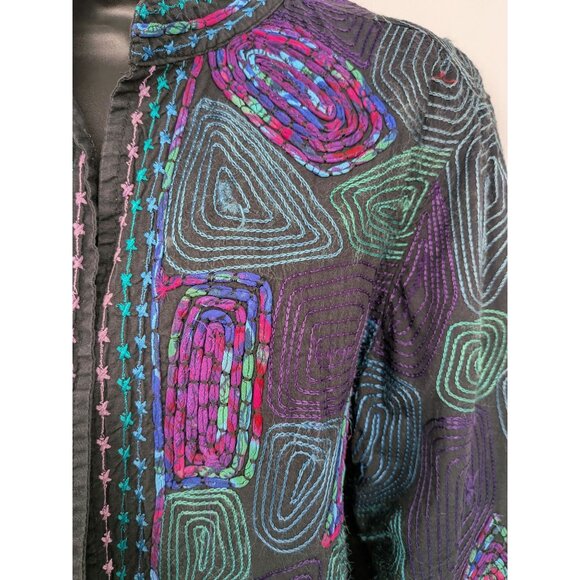 Embroidered Blazer Jacket Women Size 1X Open Front Boho Geometric Patchwork Art - Picture 3 of 16